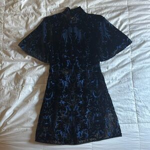 By Anthropologie Mock Neck Velvet Burnout Short Sleeve Mini Dress